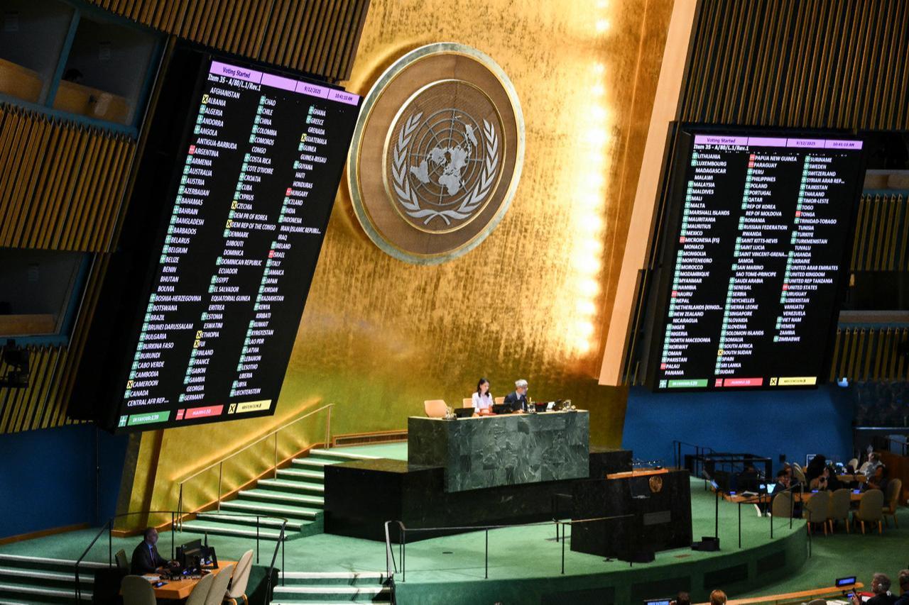 Results are displayed during a General Assembly meeting to vote on the two-state solution to the Palestinian question at United Nations headquarters (UN) in New York City, Sep. 12, 2025. (AFP Photo)