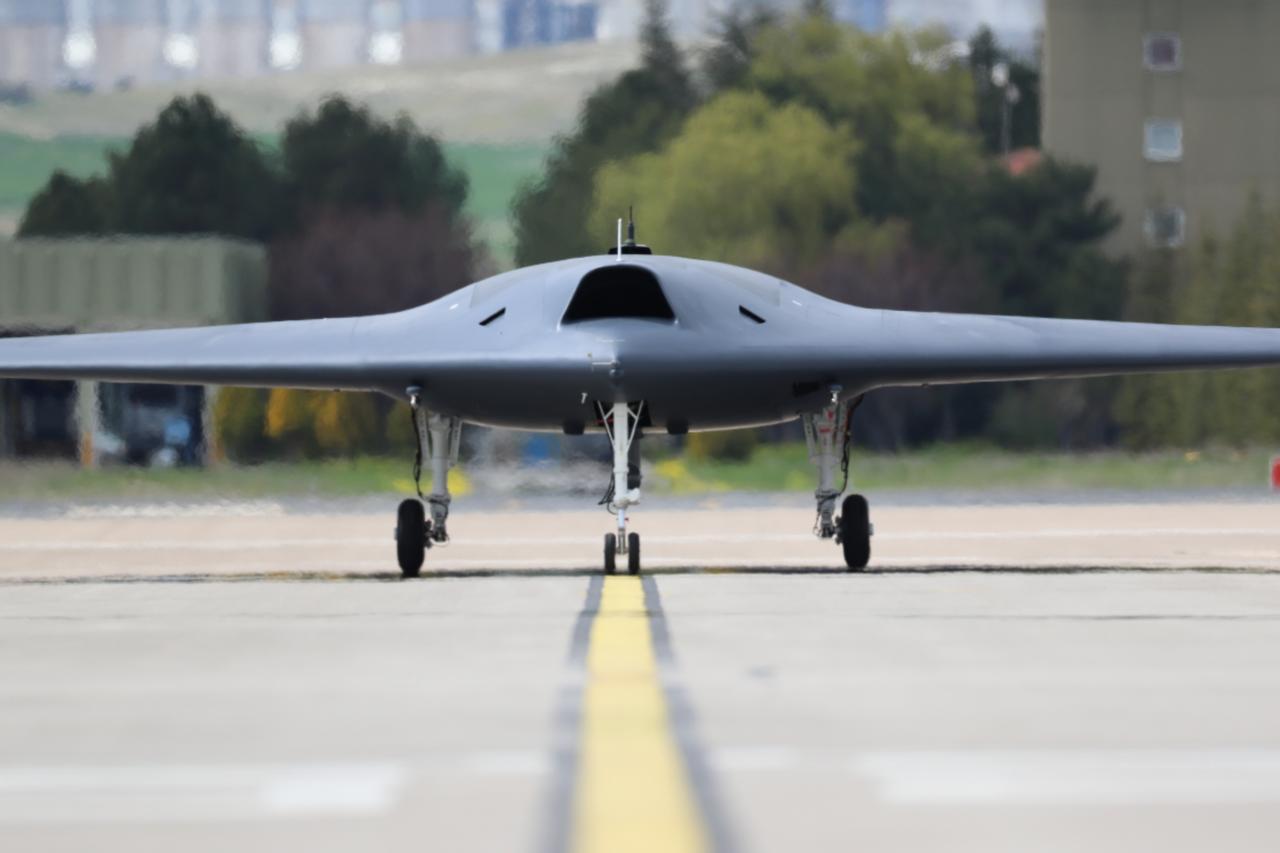 TAIs Stealth Unmanned Combat Aerial Vehicle (UCAV) Anka-3 on an airfield in Ankara, Türkiye, on April 25, 2023. (Photo via TAI)