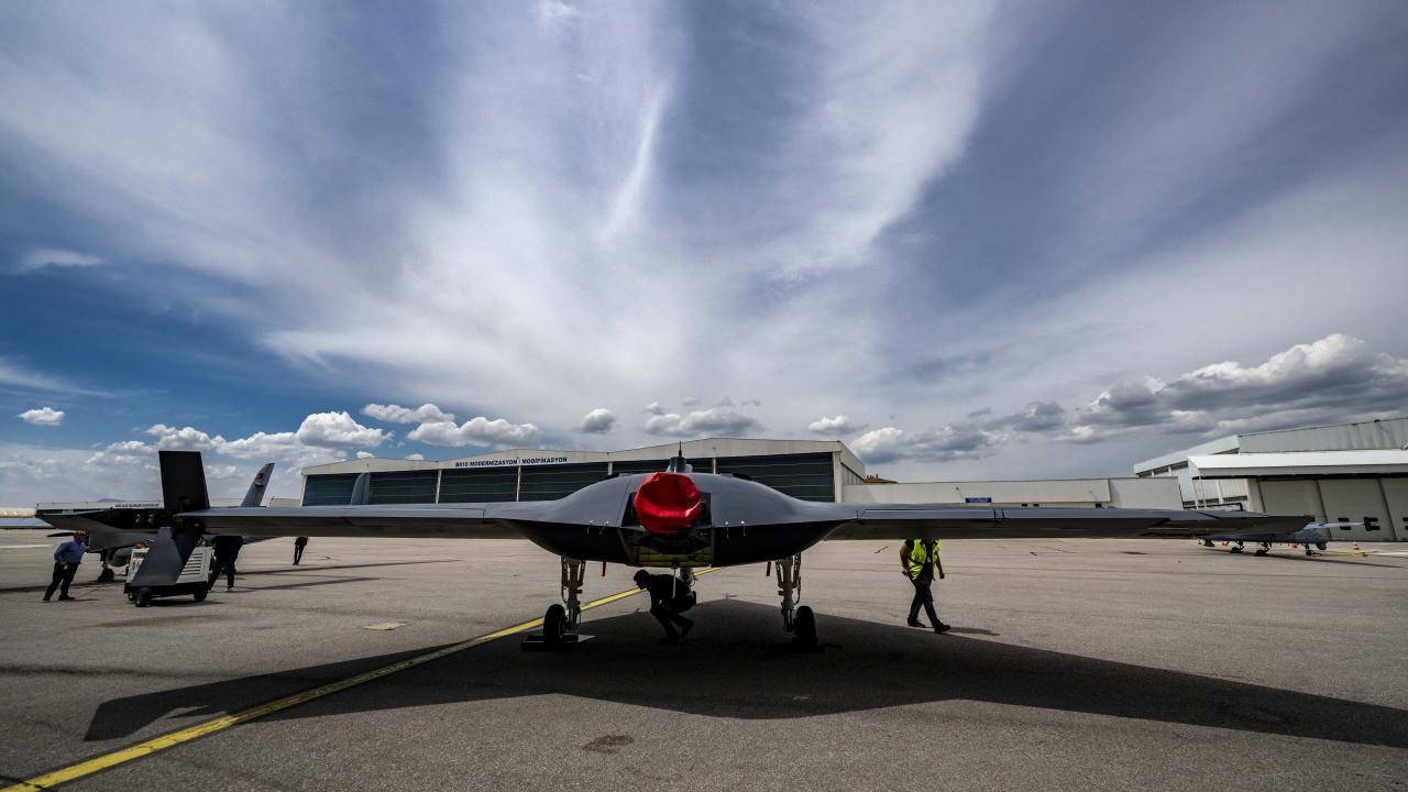 TAI's Stealth Unmanned Combat Aerial Vehicle (UCAV) Anka-3 on an airfield in Ankara, Türkiye, on April 25, 2023. (Photo via Turkish Aerospace Industries)