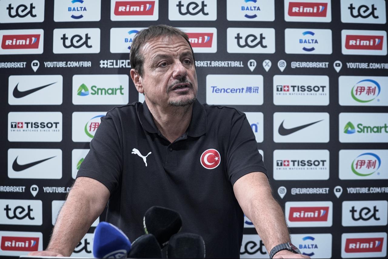 Turkish National Basketball Team Head Coach Ergin Ataman answers questions from the press ahead of the 2025 European Basketball Championship (EuroBasket 2025) quarterfinal match against Poland at Arena Riga, Latvia, Sept. 08, 2025. (AA Photo)