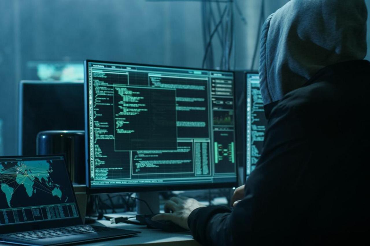 Hooded figure works at multiple computer screens displaying code and data in a cybersecurity or hacking scenario, accessed on June 19, 2025. (Adobe Stock Photo)