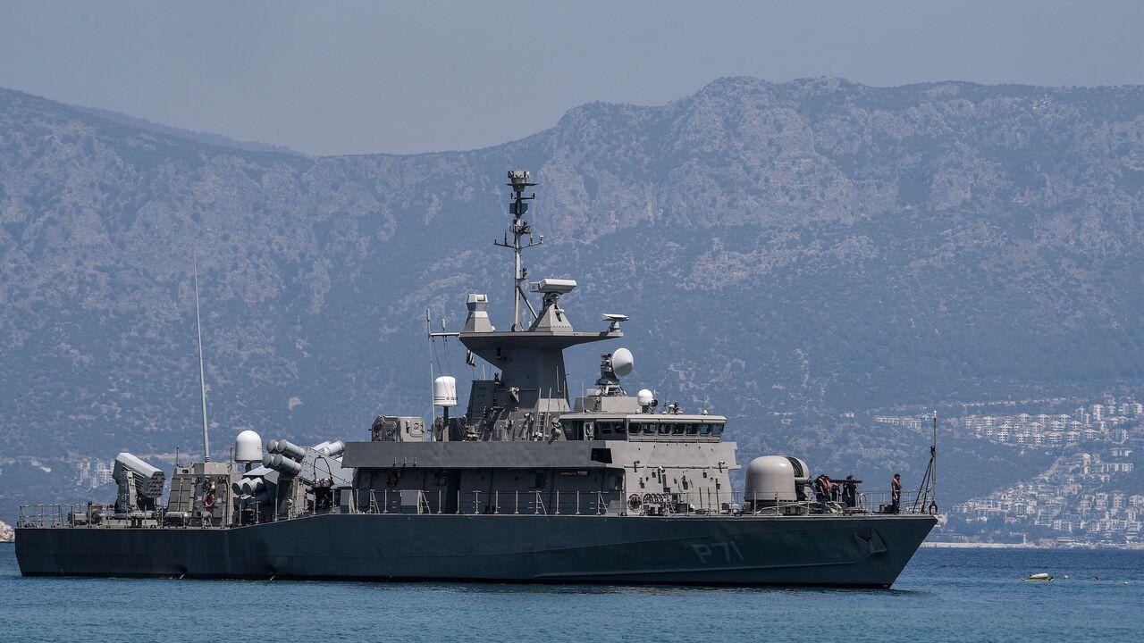 The Greek Navy Roussen or Super Vita class Fast Missile Patrol Boat P 71 HS Ritsos is seen off the tiny island of Kastellorizo, officially Megisti on August 28, 2020. (AFP Photo)