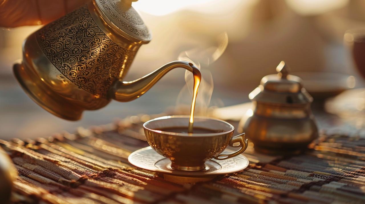 Traditional Arabic coffee being poured from a dallah of a hand pouring coffee into a small cup from a brass coffee pot, traditional hospitality. (Adobe Stock Photo)