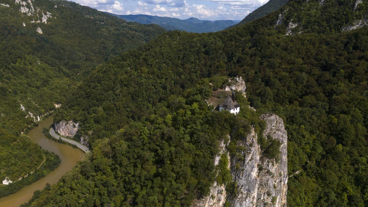 An aerial view of Kuslat Mosque perched high above the valley near Zvornik, Bosnia and Herzegovina, Sept. 21, 2025 (AA Photo)