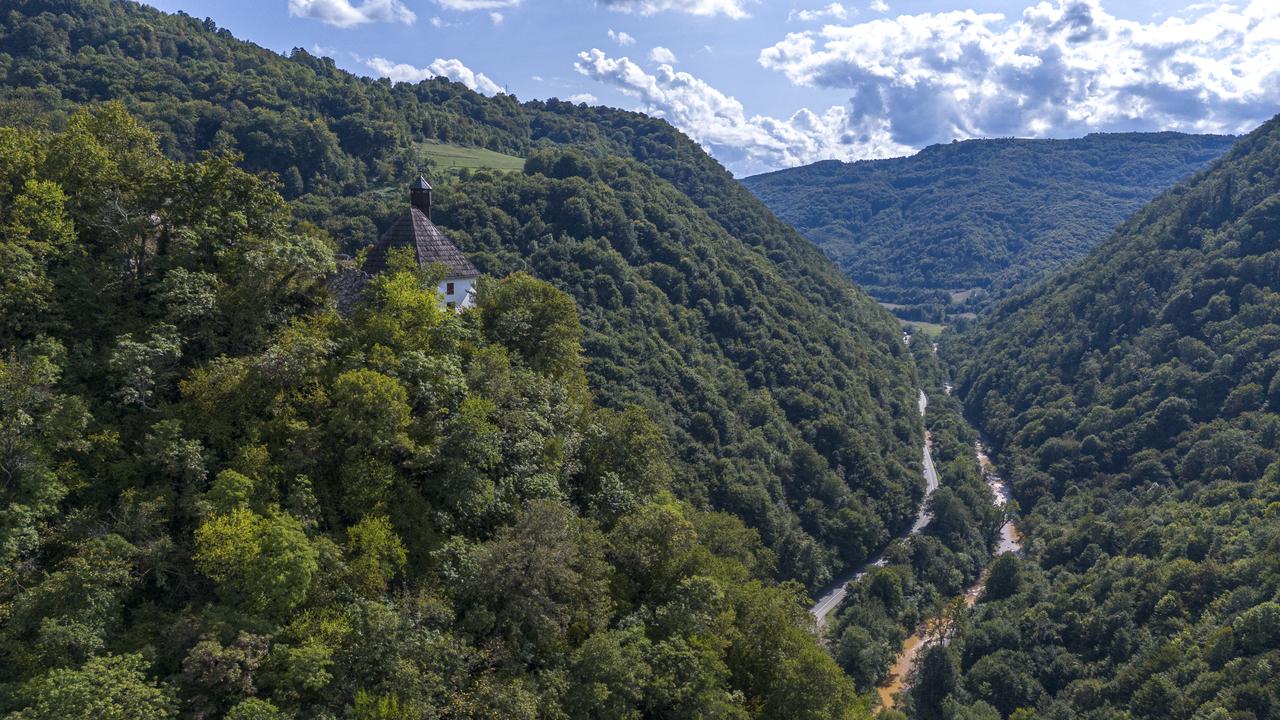 An aerial view of Kuslat Mosque perched high above the valley near Zvornik, Bosnia and Herzegovina, Sept. 21, 2025 (AA Photo)