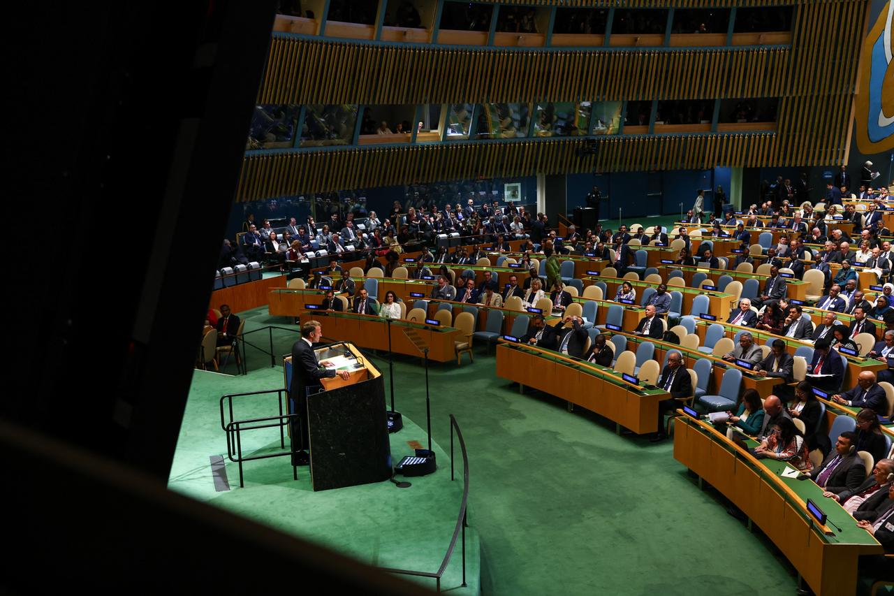 Frances President Emmanuel Macron speaks during a United Nations Summit on Palestinians at UN headquarters during the United Nations General Assembly (UNGA) in New York on Sep. 22, 2025. (AFP Photo)