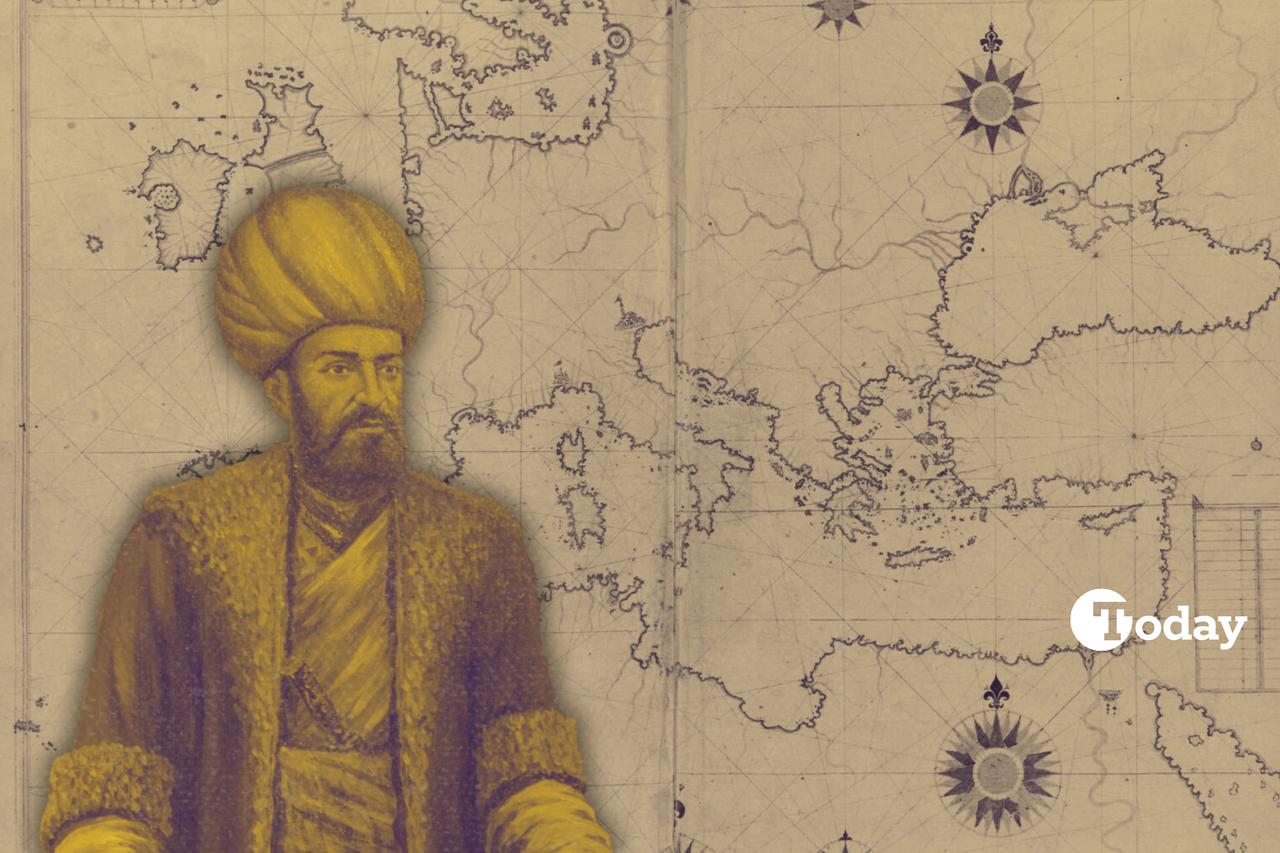 Illustration of Ottoman admiral and cartographer Piri Reis set against his 16th-century map of Europe and the Mediterranean. (Photo collage by Türkiye Today team)
