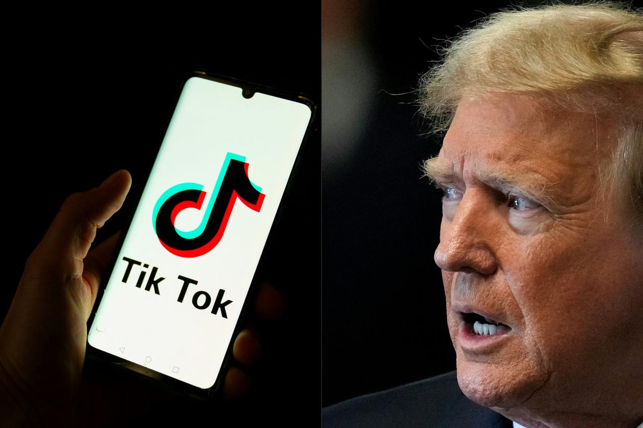 This combination of pictures created on June 2, 2024 shows a man holding a smartphone displaying the logo of Chinese social media platform Tiktok in an office in Paris on April 19, 2024 and Trump in New York City, U.S. on May 30, 2024. (AFP Photo)