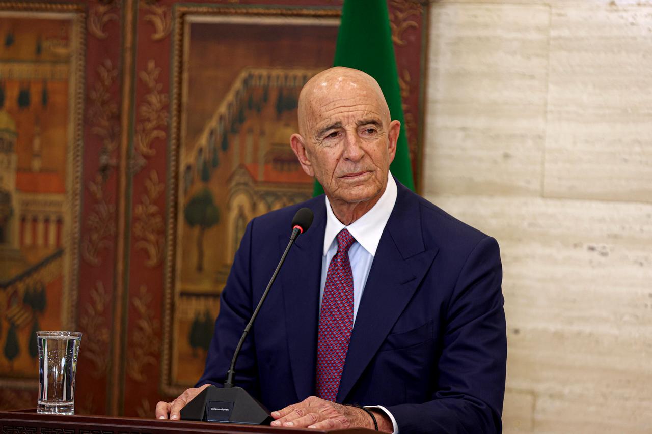 Syrian Foreign Minister Asaad al-Shaibani (not seen), Jordanian Foreign Minister Ayman Safadi (not seen), US Special Envoy for Syria, Tom Barrack hold a joint press conference after their meeting at the Tishreen Palace in Damascus, Syria, September 16, 2025. (AA Photo)
