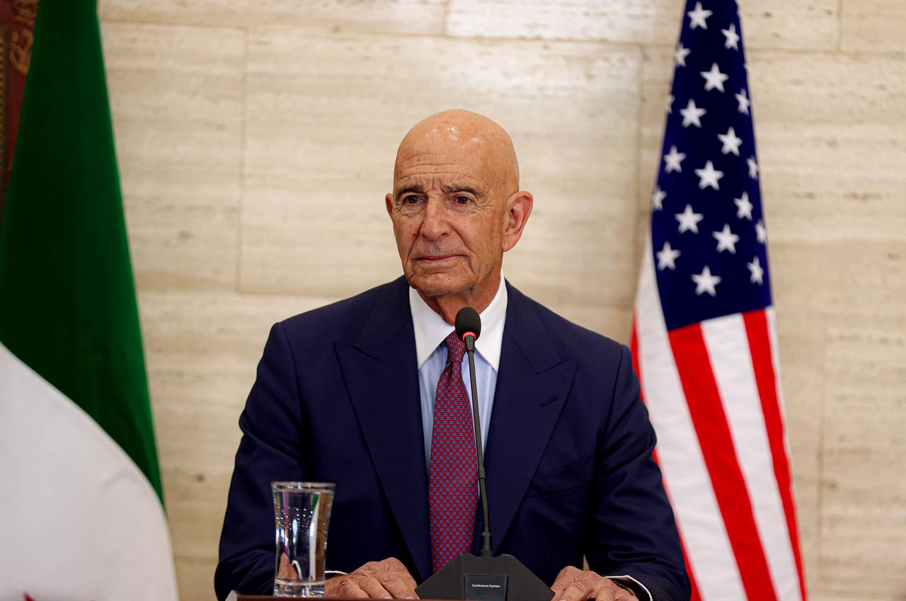Syrian Foreign Minister Asaad al-Shaibani (not seen), Jordanian Foreign Minister Ayman Safadi (not seen), US Special Envoy for Syria, Tom Barrack hold a joint press conference after their meeting at the Tishreen Palace in Damascus, Syria, September 16, 2025. (AA Photo)