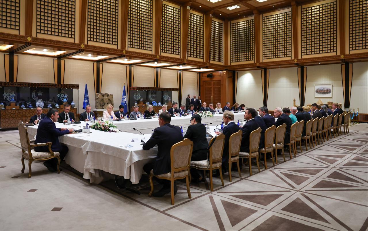 Vice President Cevdet Yilmaz receives Jurgis Vilcinskas, Charge d'Affaires of European Union Delegation to Türkiye, and ambassadors of member states in Ankara, Türkiye, Sept. 22, 2025. (AA Photo)