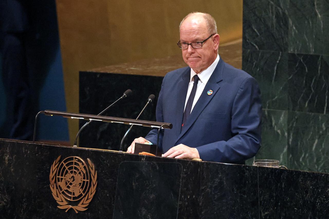 Albert II, Prince of Monaco, speaks during a United Nations Summit on Palestinians at UN headquarters during the United Nations General Assembly (UNGA) in New York on September 22, 2025. (AFP Photo)