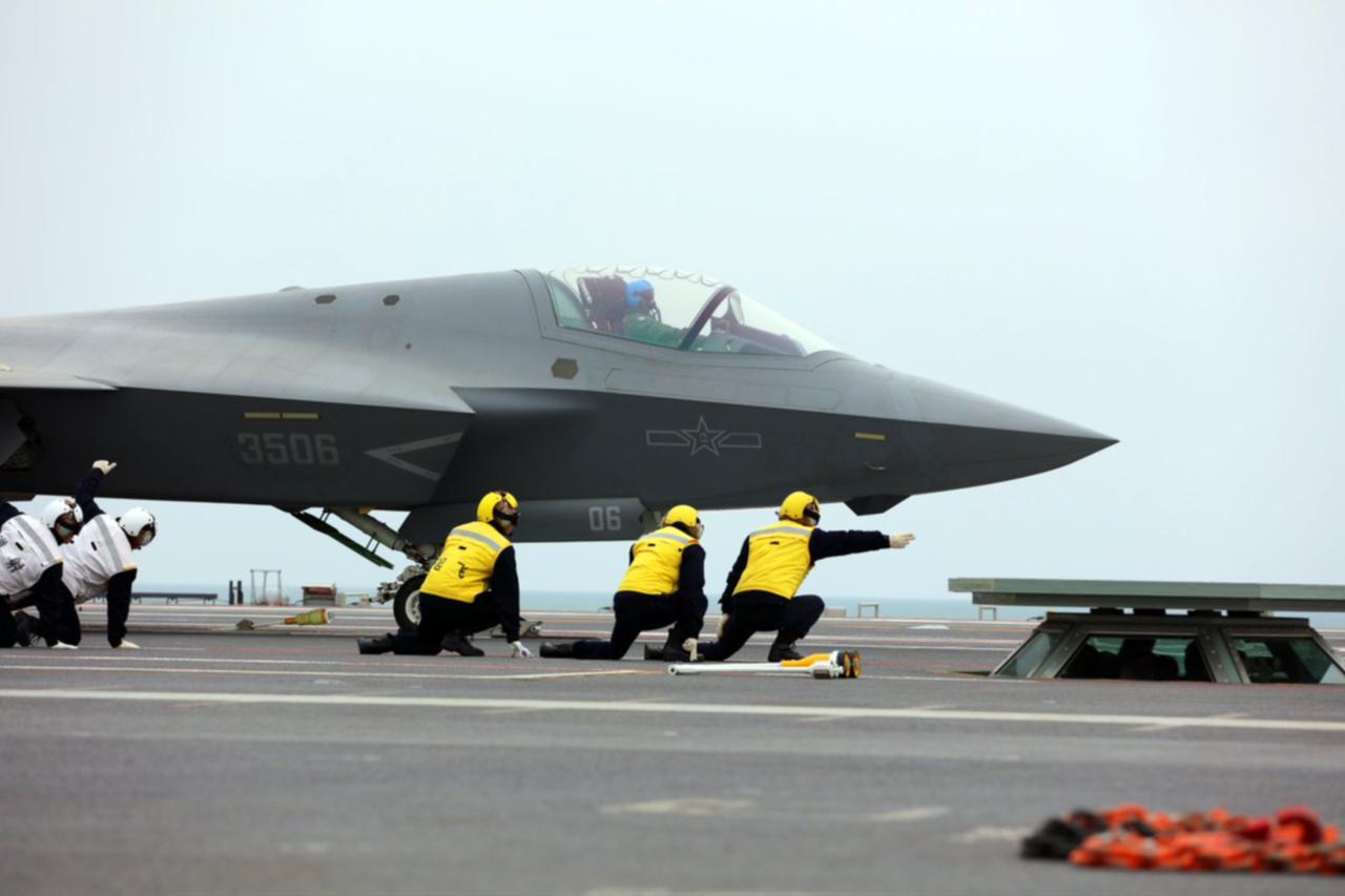 A J-35 is prepares for takeoff on Fujian aircraft carrier of China at an undated time and location. (Photo via PLAN)