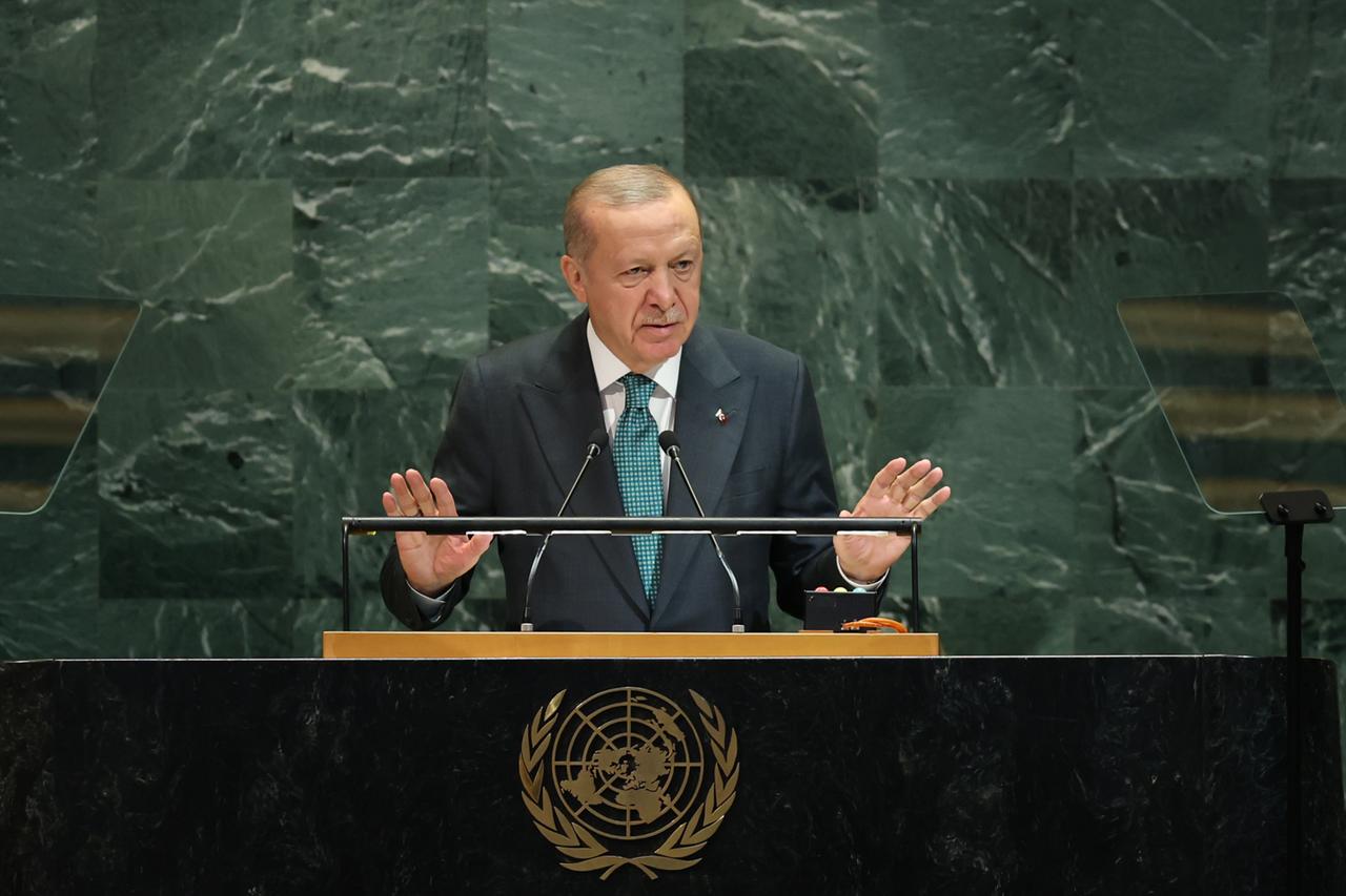 President Recep Tayyip Erdogan speaks during the 80th session of the United Nations General Assembly (UNGA) at the United Nations headquarters in New York, United States, on Sep. 23, 2025. ( Turkish Presidency / AA Photo)