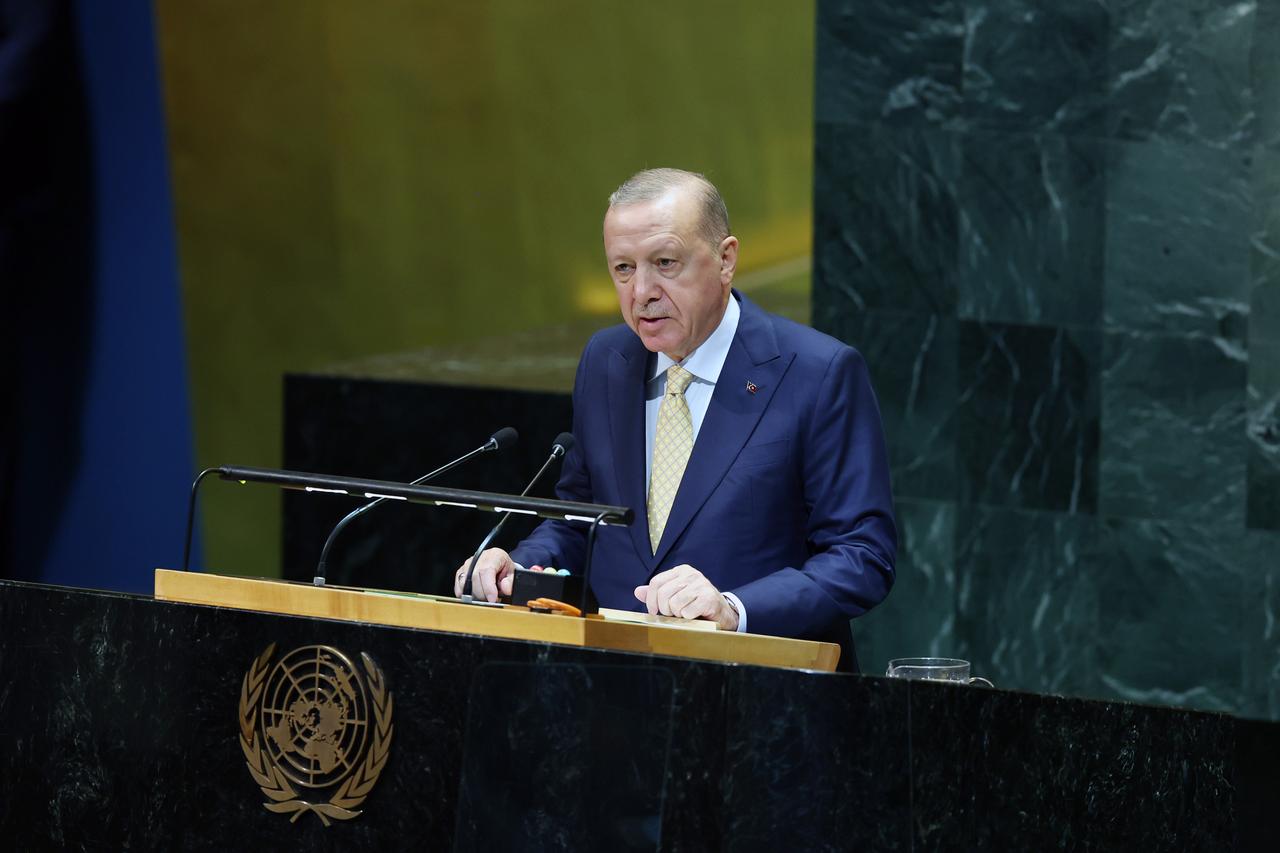 President Erdogan makes a speech during a high-level international conference at United Nations Headquarters, Sept. 22, 2025, in New York. (Photo via Turkish Presidency/Murat Kula)