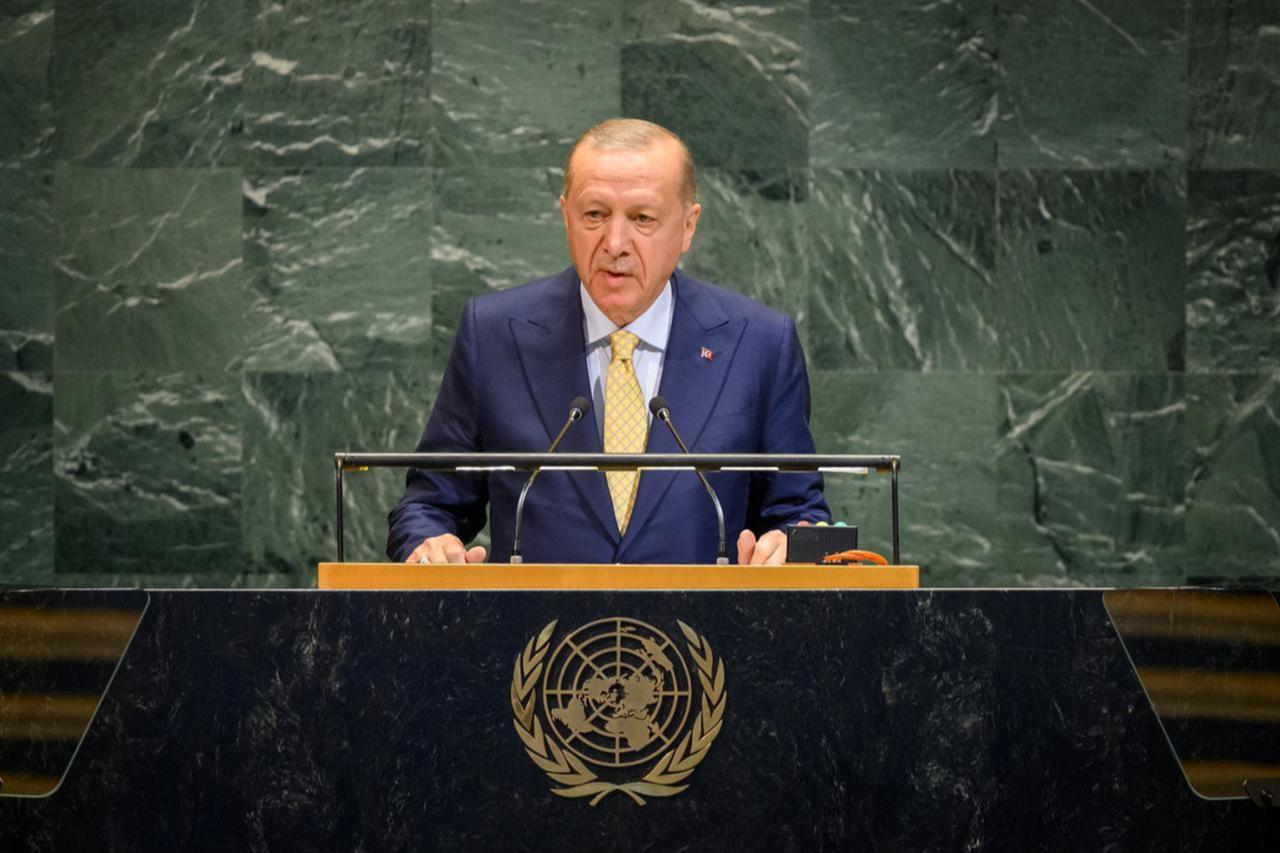 President Erdogan makes a speech during a high-level international conference at United Nations Headquarters on Sept. 22, 2025, in New York, United States. (Photo via United Nations)