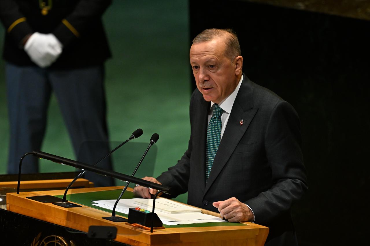 President Recep Tayyip Erdogan speaks during the 80th session of the United Nations General Assembly (UNGA) at the United Nations headquarters in New York, United States, on Sep. 23, 2025. (AA Photo)