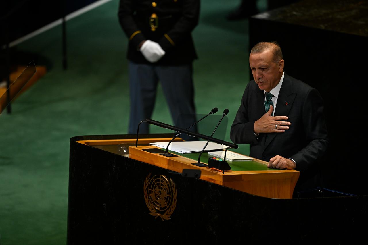 President Recep Tayyip Erdogan speaks during the 80th session of the United Nations General Assembly (UNGA) at the United Nations headquarters in New York, United States, on Sep. 23, 2025. (AA Photo)