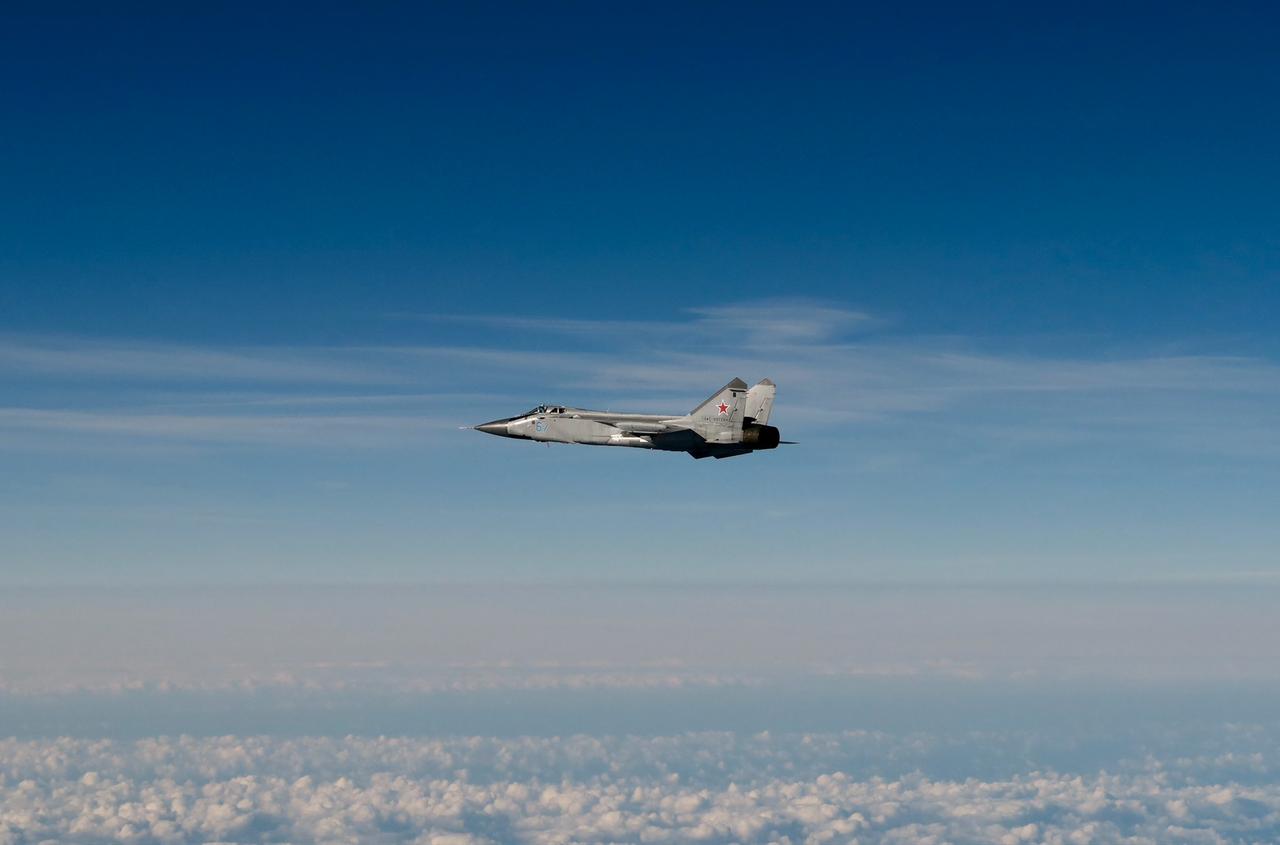This September 19, 2025 Hand Out image released by the Swedish Airforce shows a Russian MIG-31 fighter jet flying above the Baltic sea after violating Estonian air space. (AFP Photo / Source / Byline)