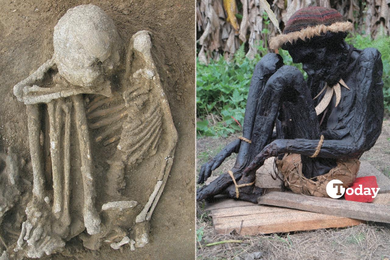 Early Holocene burial from Huiyaotian, southern China (Left) and smoked mummy from Pumo Village, Papua, Indonesia, 2019 (Right). (Photo collage by Türkiye Today team)