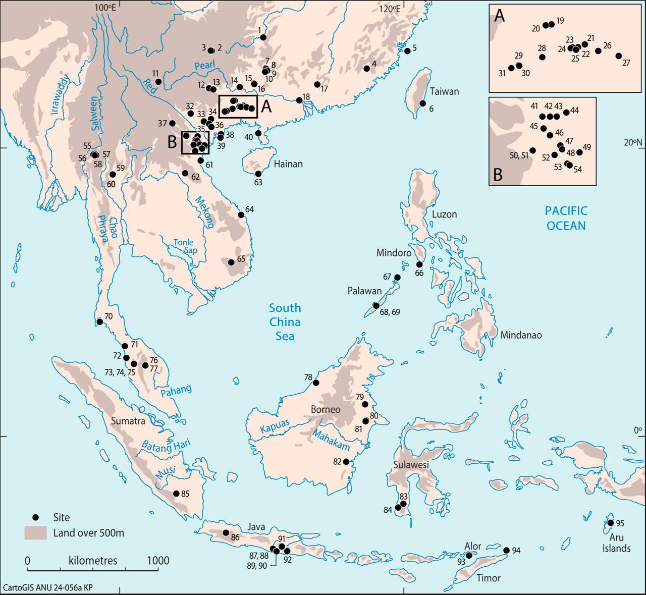 Recorded hunter-gatherer sites with flexed and squatting burials in Southeastern Asia from the Late Pleistocene to the Middle Holocene. (Image via PNAS, Hung et al. 2025)
