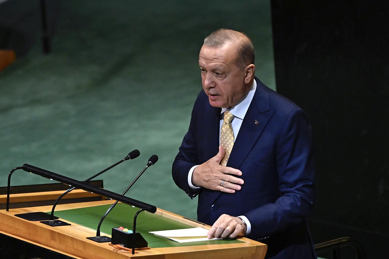 President Recep Tayyip Erdogan makes a speech during a high-level international conference at United Nations Headquarters focused on resolving the Palestine issue and advancing a two-state solution on in New York, United States on Sep. 22, 2025.  (AA Photo)