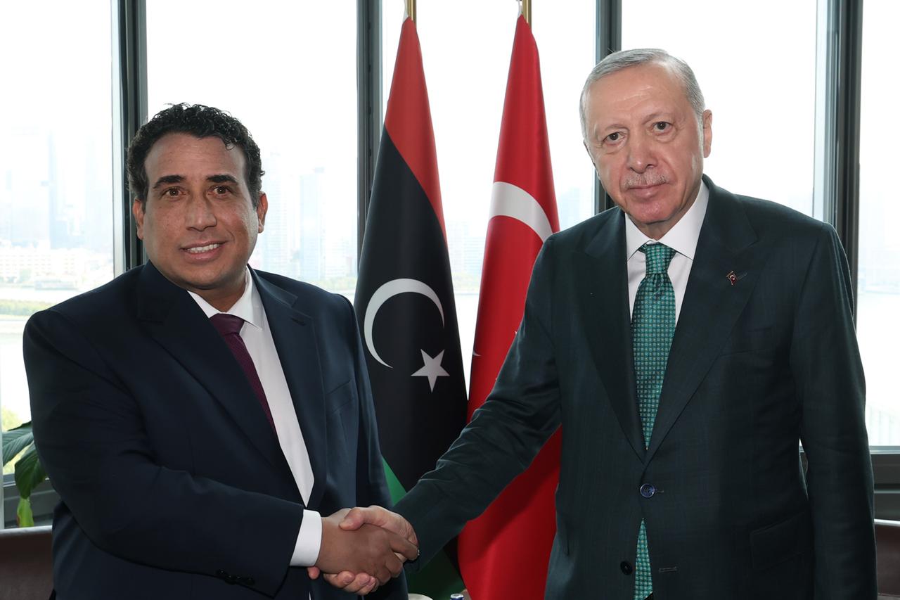 President Recep Tayyip Erdogan meets Libyan Presidential Council head Mohamed al-Menfi at Turkevi during the 80th United Nations General Assembly (UNGA) in New York, USA on Sep. 23, 2025. (AA Photo)