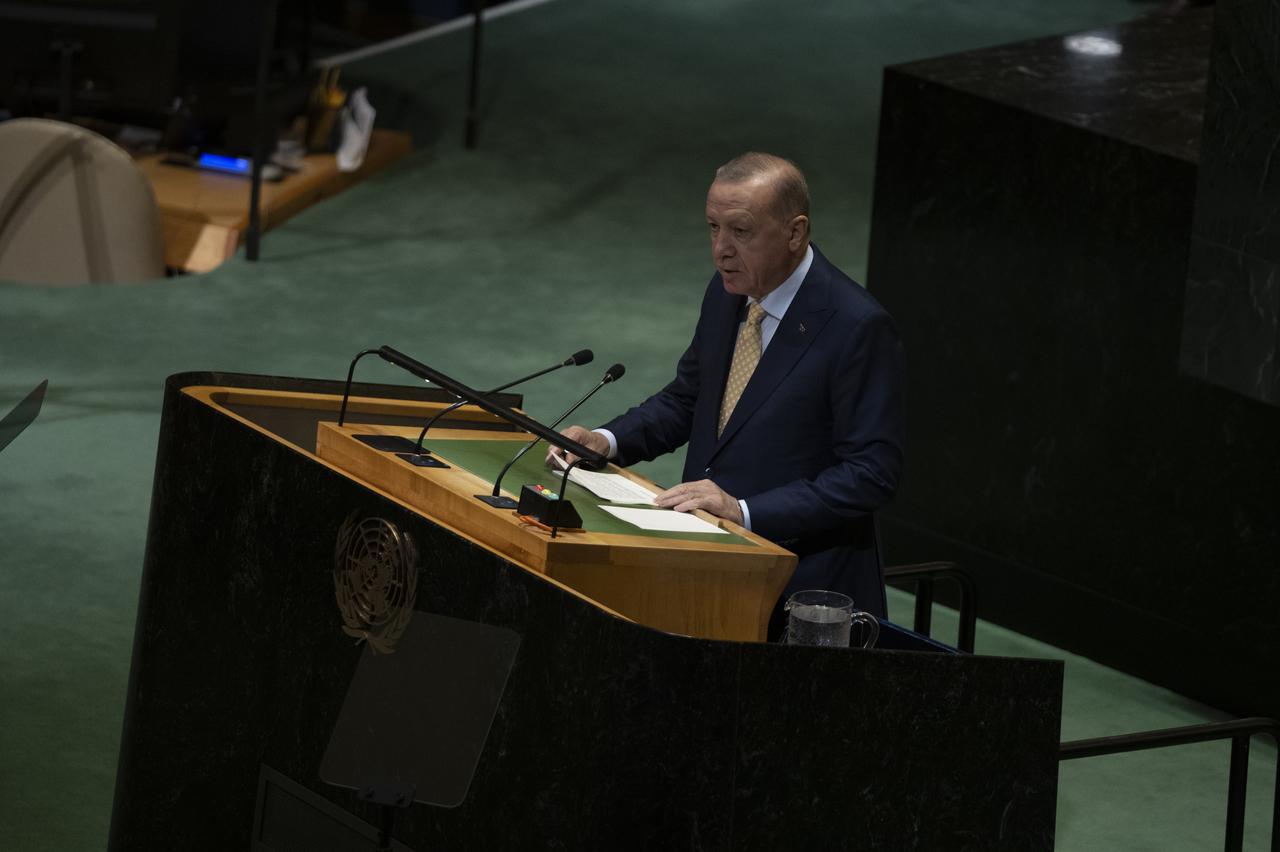 Turkish President Recep Tayyip Erdogan makes a speech during a high-level international conference at United Nations Headquarters focused on resolving the Palestine issue and advancing a two-state solution in New York, U.S. on Sept. 22, 2025. (AA Photo)