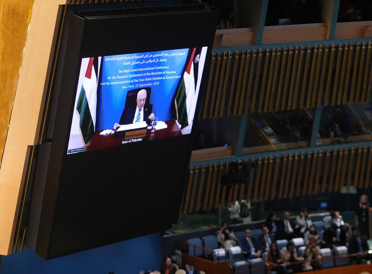 Palestinian President Mahmoud Abbas delivered a video message to a high-level summit at the U.N. Gereral Assembly in New York, U.S. on September 22, 2025. (AA Photo)