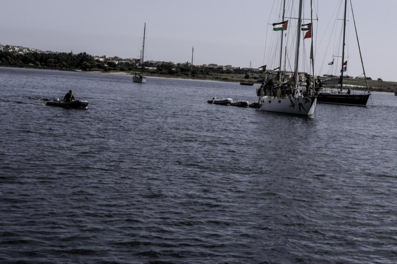 A general view of the ships, anchored in a bay off the coast of Italy, while the Global Sumud Flotilla continues its preparations for departure towards Greeces Crete, on Sept. 16, 2025. (AA Photo)