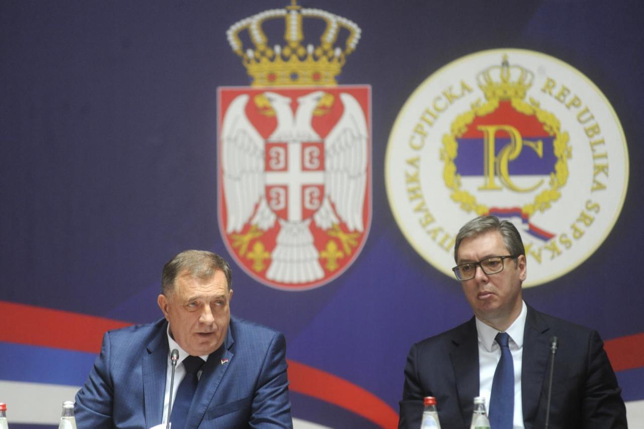 Serbian President Aleksandar Vucic (R),  Republika Srpska (RS) President Milorad Dodik (L) attend the session of the “Assembly of All Serbs” of the governments of RS, one of the two entities in Serbia and Bosnia and Herzegovina, in Belgrade, Serbia on June 8, 2024. (AA Photo)