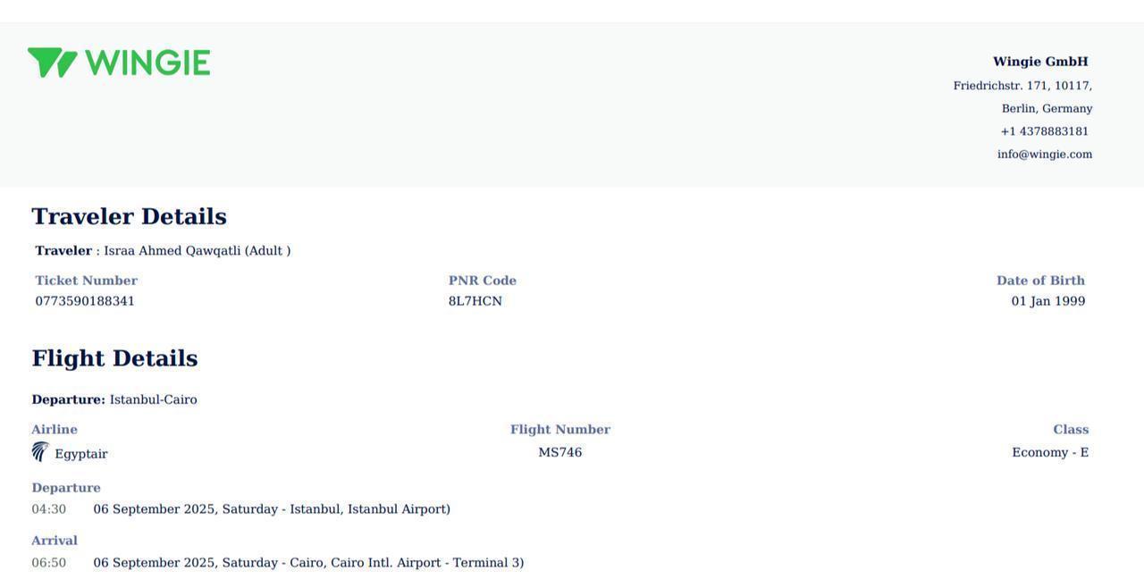 Airplane ticket from Istanbul to Cairo that the woman requested. (Photo via Haytham Fouad; provided to Türkiye Today)