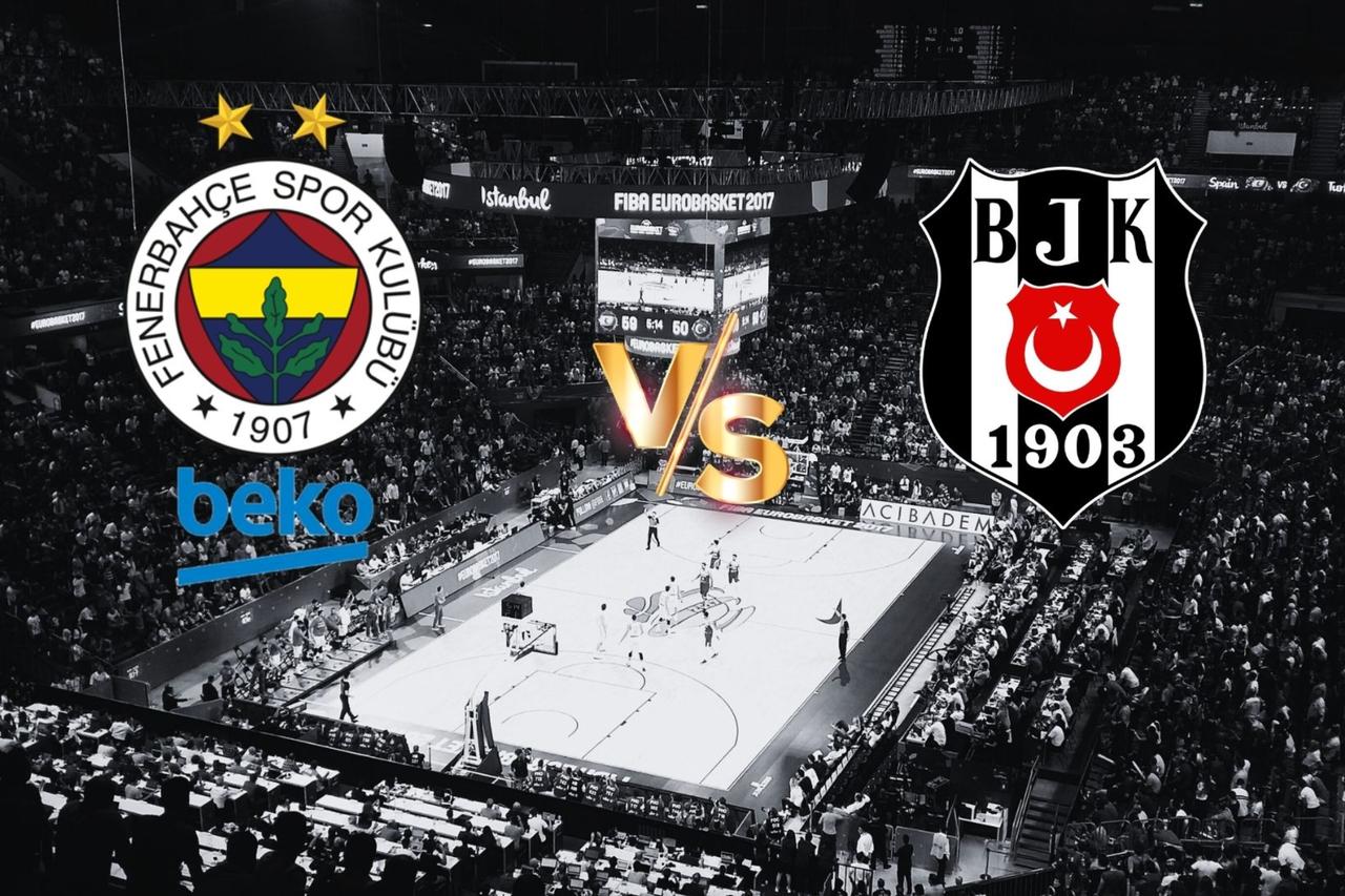 Logos of Fenerbahce Beko and Besiktas Gain, with Sinan Erdem Sports Complex in the background. Created September 24, 2025. (Türkiye Today)