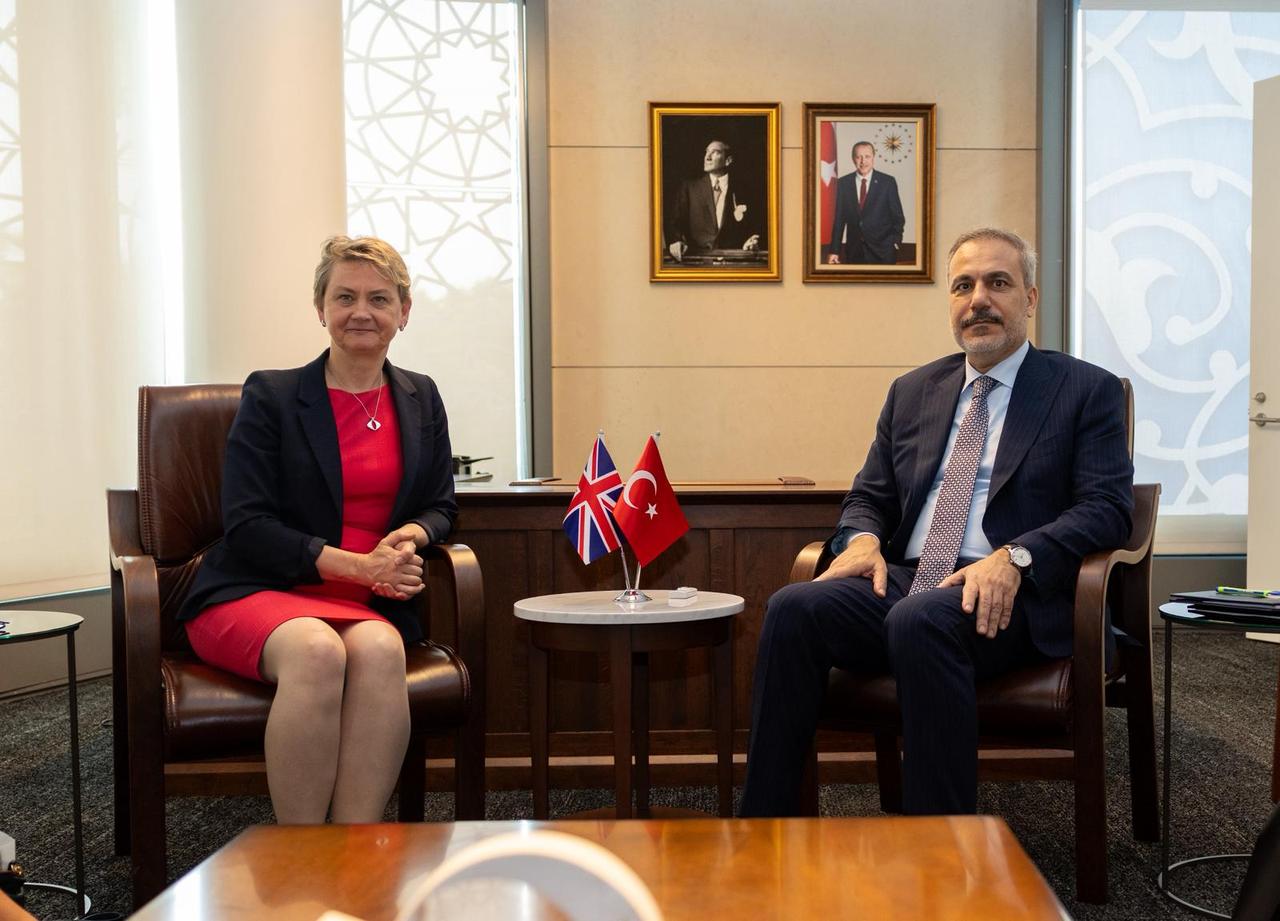 Foreign Minister Hakan Fidan (R) meets with United Kingdom's Foreign Secretary Yvette Cooper (L) at the Turkish House (Turkevi) in New York, as part of his visit to the United States for the 80th United Nations General Assembly on Sep. 24, 2025. (AA Photo)