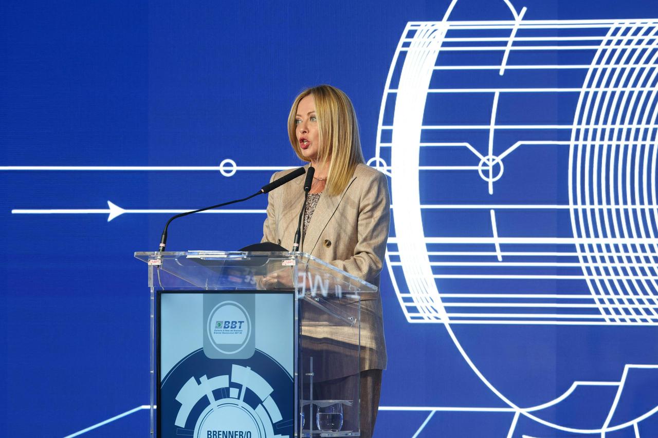 Italian Prime Minister Giorgia Meloni gives a speech during a breakthrough ceremony for the so-called  Erkundungsstollen  (exploratory tunnel) section of the Brenner Base Tunnel on Sep. 18, 2025. (AFP Photo)