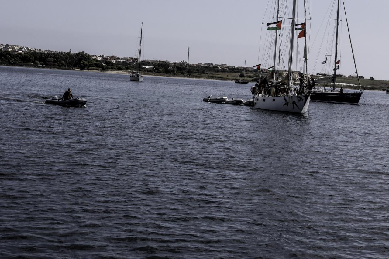 A general view of the ships, anchored in a bay off the coast of Italy, while the Global Sumud Flotilla continues its preparations for departure towards Greeces Crete, on Sept. 16, 2025. (AA Photo)