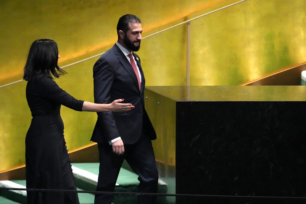 Syrian President Ahmed al-Sharaa arrives to address the United Nations General Assembly at UN headquarters in New York City on Sep. 24, 2025. (AFP Photo)