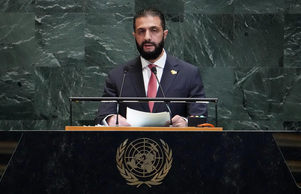 Syrian President Ahmed al-Sharaa speaks during the General Debate of the United Nations General Assembly at the UN headquarters in New York City on Sep. 24, 2025. (AFP Photo)