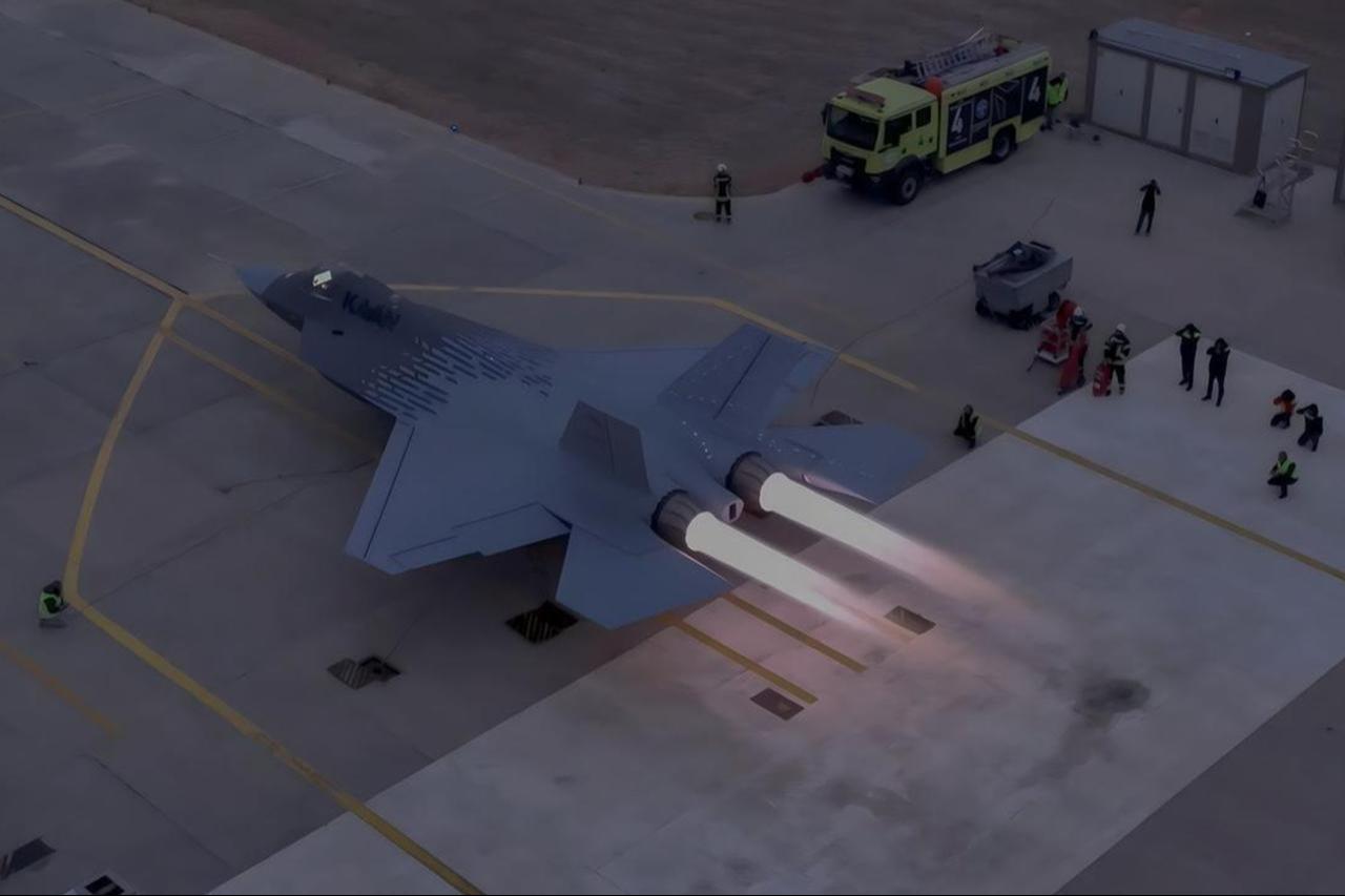 KAAN fighter jet, developed by Turkish Aerospace Industries (TAI) during its afterburner running tests in Ankara, Türkiye. (Photo via X/@TUSAS_TR)