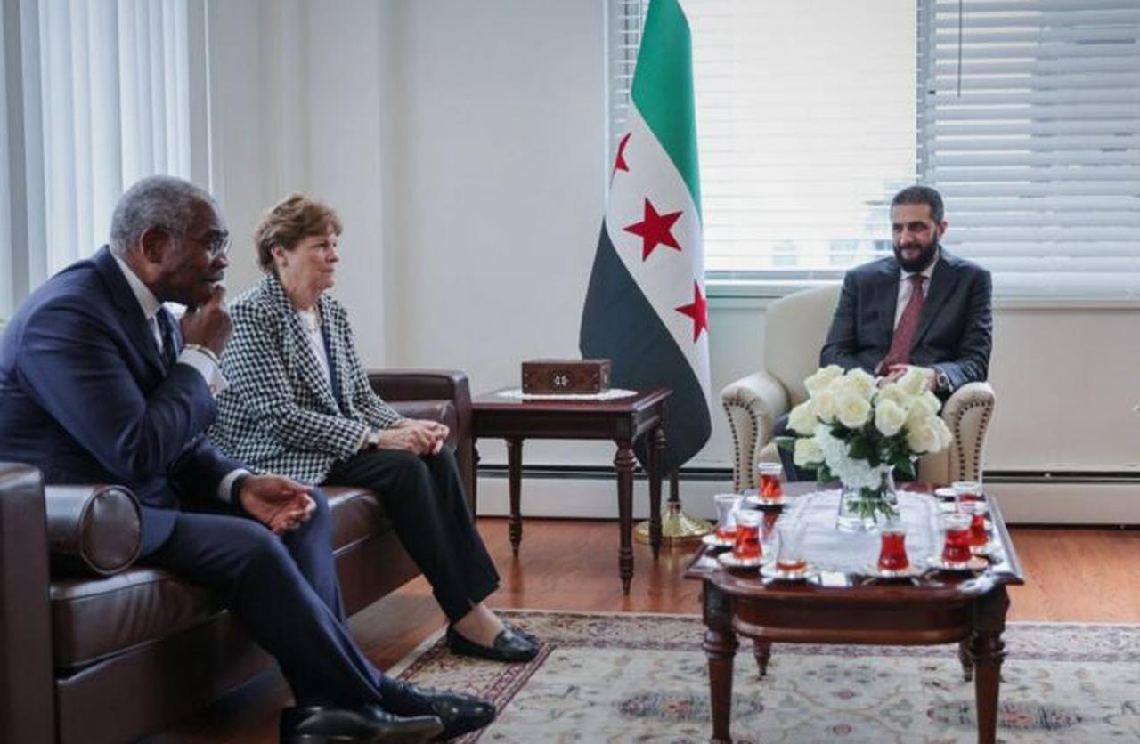 Syrian President Ahmad Al-Sharaa meets with U.S. Senator Jeanne Shaheen and Congressman Gregory Meeks on the sidelines of the 80th session of the United Nations General Assembly in New York , September 23, 2025 .( SANA Photo )