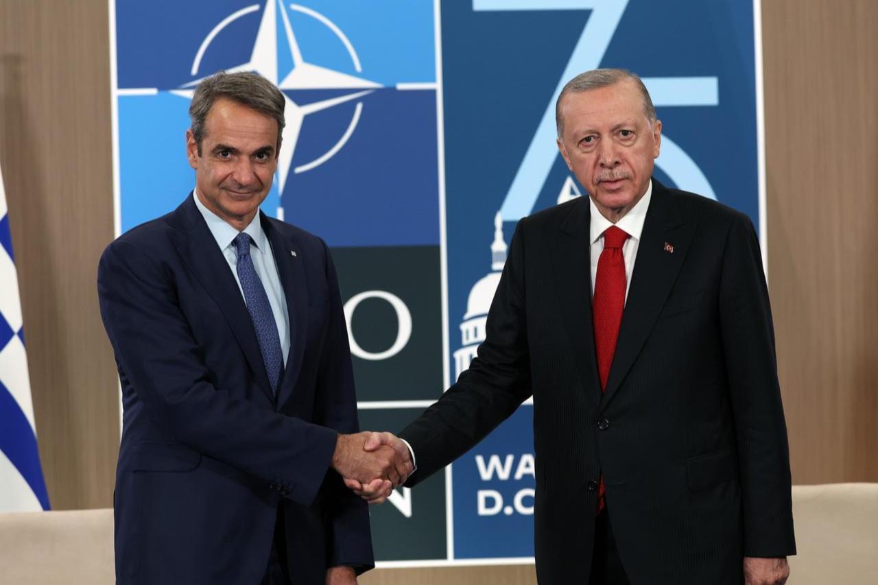 President Erdogan with Greek Prime Minister Kiryakos Mitsotakis during the 75th NATO anniversary summit, Washington, July 10, 2024. (AA Photo)