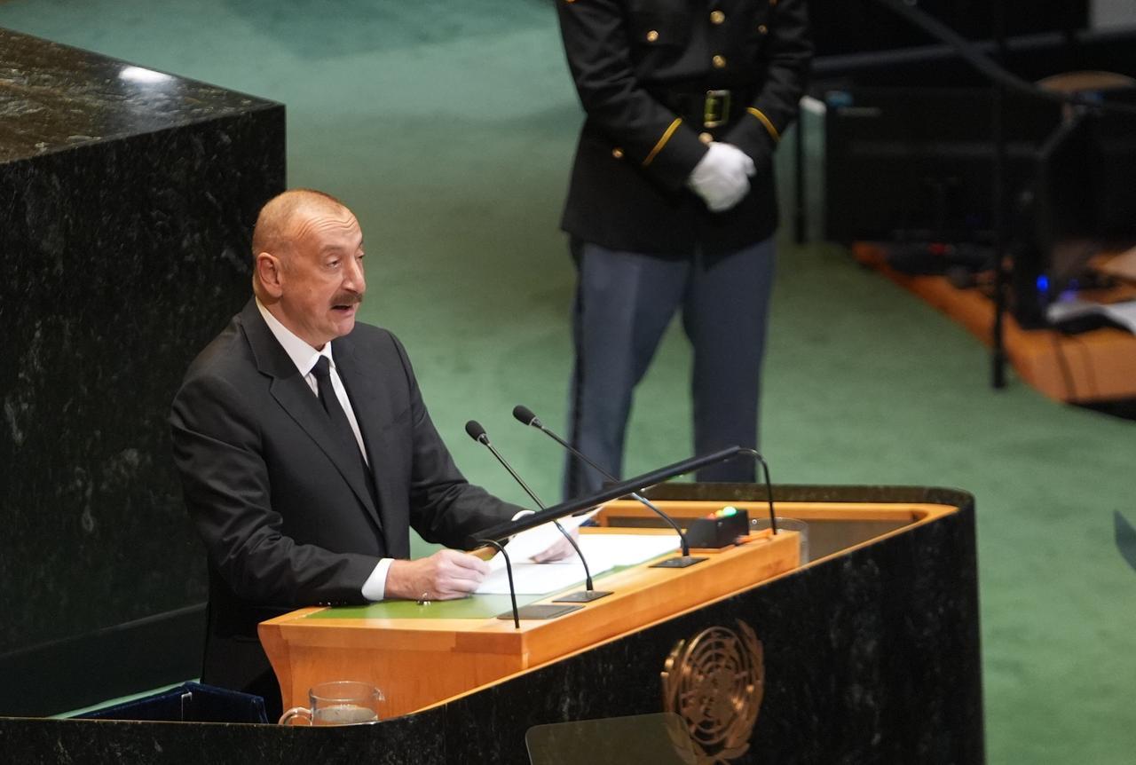 President of Azerbaijan Ilham Aliyev addresses the United Nations (UN) General Assembly during the 80th session of the UN General Assembly in New York, US, September 25, 2025. (AA Photo)