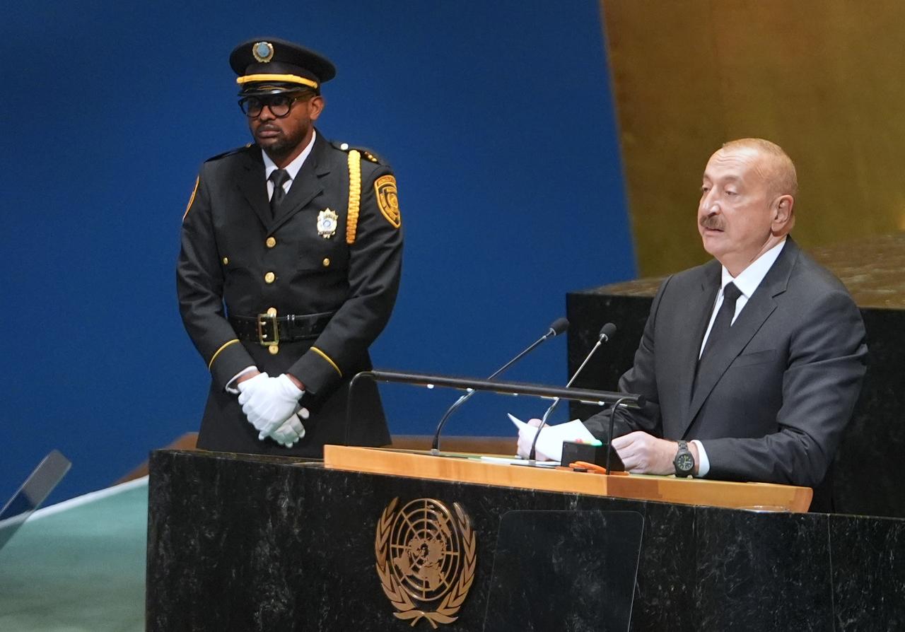 President of Azerbaijan Ilham Aliyev addresses the United Nations (UN) General Assembly during the 80th session of the UN General Assembly in New York, US, September 25, 2025. (AA Photo)