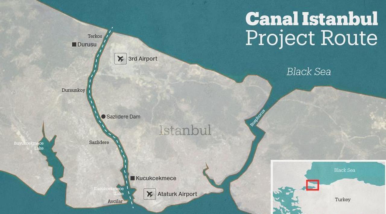 Map showing the planned route of the Canal Istanbul project, connecting the Black Sea and the Marmara Sea through Istanbul. (Image via TRT World)