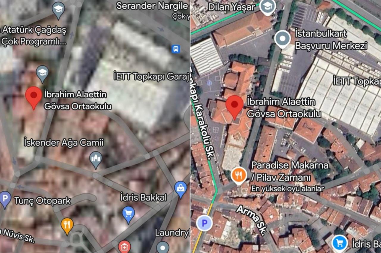 Side-by-side images show how Google Maps previously displayed blurred views of Türkiye (Left) compared to the newly updated clear imagery (Right), Sept. 25, 2025. (Photo via X/@bosunatiklama)