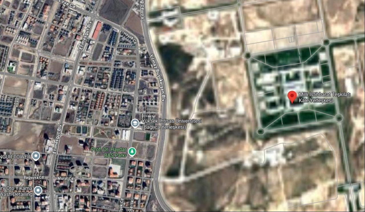 Satellite image shows a blurred view of the National Intelligence Organization (MIT) Kale Complex in Ankara, Türkiye, Sept. 25, 2025. (Photo via Google Maps)