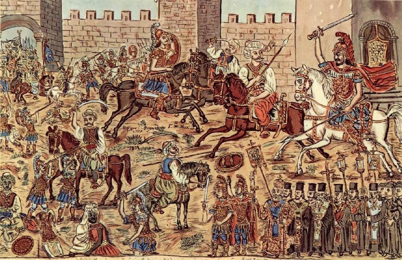Greek painter Theophilos Hatzimihail’s 1932 painting depicts Constantine XI (on the white horse, naturally) leading a final charge against the Ottomans. (Photo via Wikimedia)