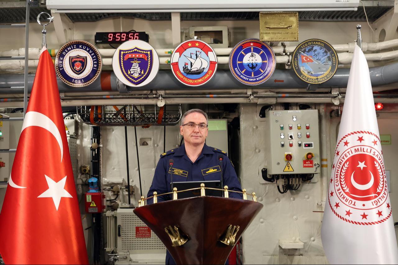 Ministry of National Defense Press and Public Relations Advisor and Ministry Spokesperson Rear Admiral Zeki Akturk speaks during a briefing held aboard TCG Istanbul in Istanbul, Sept. 25, 2025. (AA Photo)