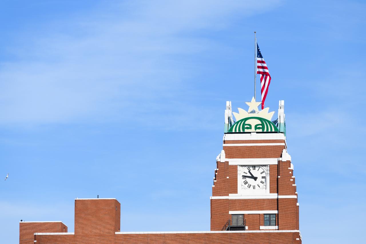 File photo shows the clock tower at Starbucks headquarters in Seattle, Washington, U.S., February 6, 2022. (Adobe Stock Photo)