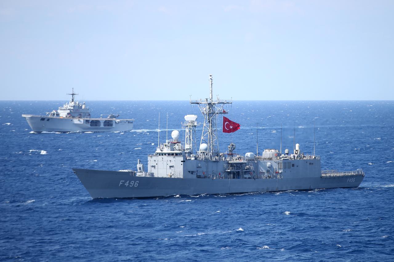 The TCG Gokova (front), one of the Gabya-class frigates, and Italian Navy vessel ITS San Giorgio (rear), off the southeastern coast of Italy, Sept. 24, 2025. (AA Photo)